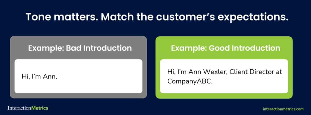 graphic showing a bad customer service introduction compared to a good one