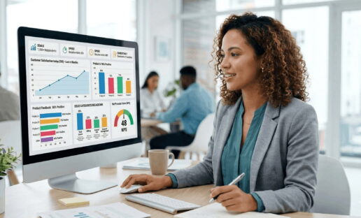 A professional woman is at an office desk, smiling as she looks at a desktop computer displaying a comprehensive customer surveys dashboard. The screen features data visualizations including an NPS gauge, customer satisfaction graphs, and product feedback metrics, illustrating the benefits of using a customer survey company and good survey design to analyze pros and cons and answer, "do customer surveys work?" Other blurred office workers are in the background.