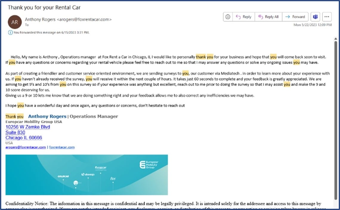 picture of email from Fox Rent a Car encouraging survey gaming