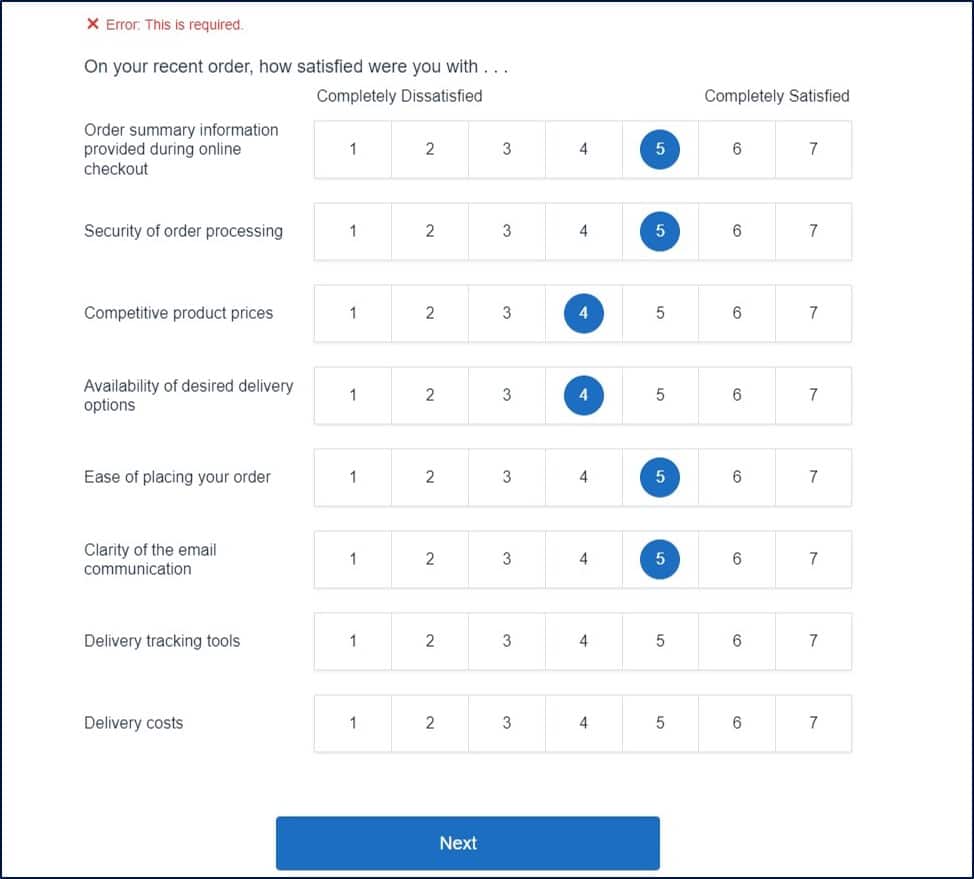 survey showing required questions in Lowe's survey after customer interaction