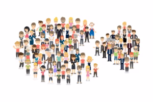 A graphic representation depicting people two groups of people that represent a population and a sample