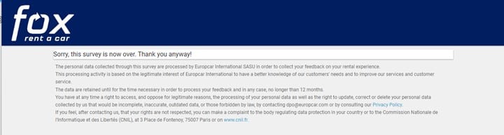 a closed survey from Fox Rent a Car