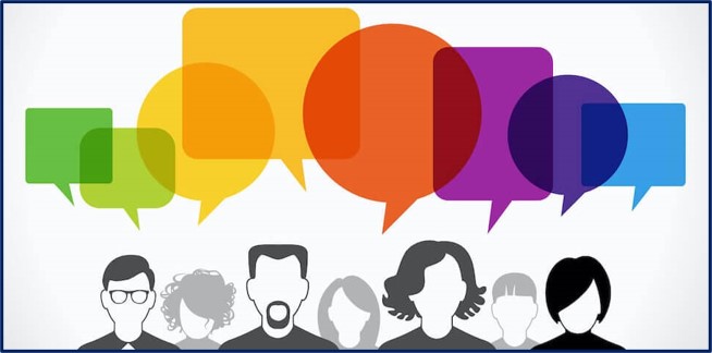 speech bubbles above customers to show how to get customer feedback with Interaction Metrics' text analysis