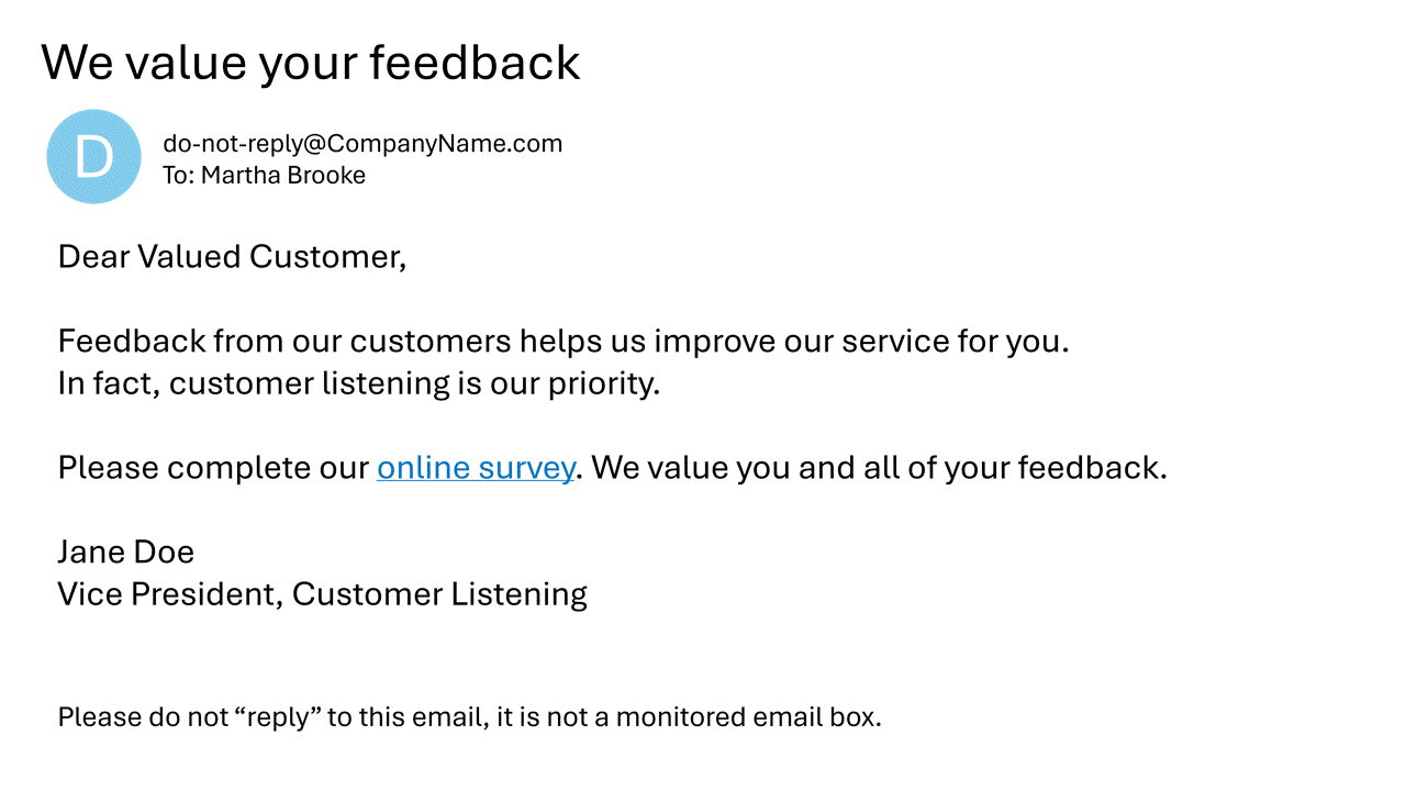 survey invite that uses a no-reply email address, not following email survey best practices
