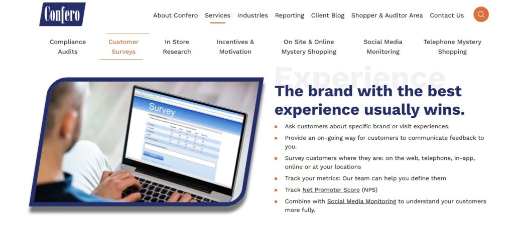 Screenshot from the Confero website showing how brand experience can be used to create loyal customers across diverse industries.