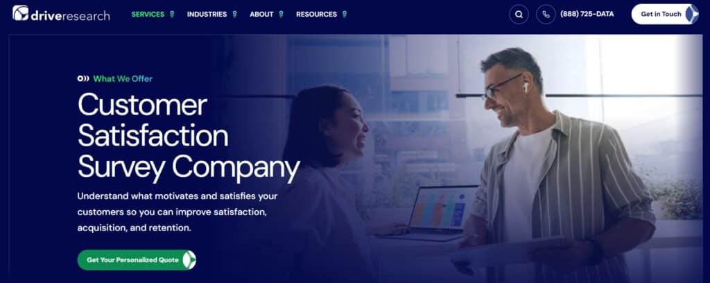 Screenshot from Drive Research showing that they work with customer satisfaction surveys to gain valuable insights.