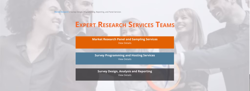 Screenshot from OvationMR.com showing the customer satisfaction and market research services they provide.