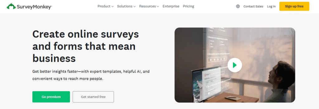 A screenshot from the Survey Monkey homepage highlighting its cutting edge tools.