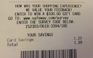 Receipt survey invitation asking customers to share shopping experience feedback for a chance to win a gift card.