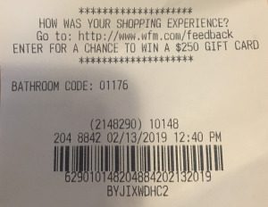 Retail receipt survey invitation asking customers to share shopping experience feedback for a chance to win a gift card.