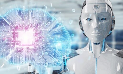Robot and thought cloud showing AI for customer experience