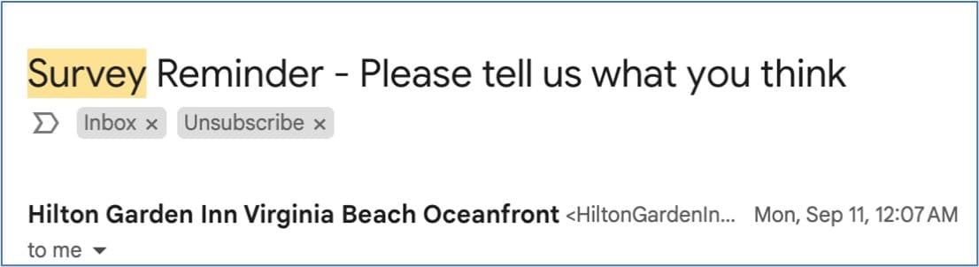 email showing email subject lines for survey