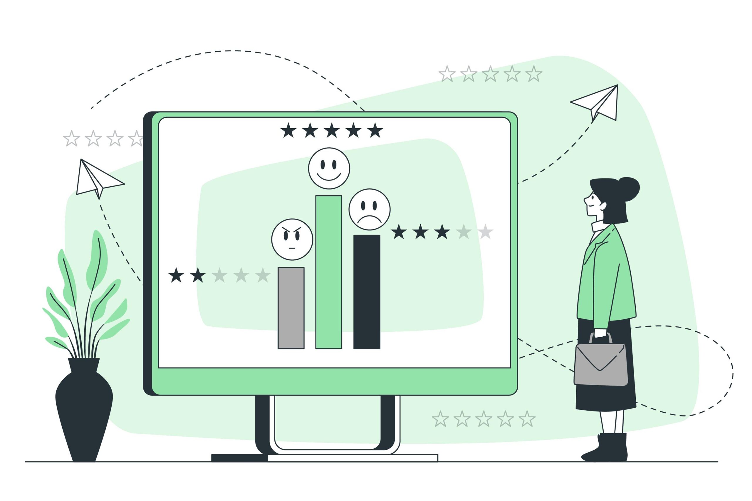 woman viewing survey results on a computer after learning how to improve customer satisfaction surveys
