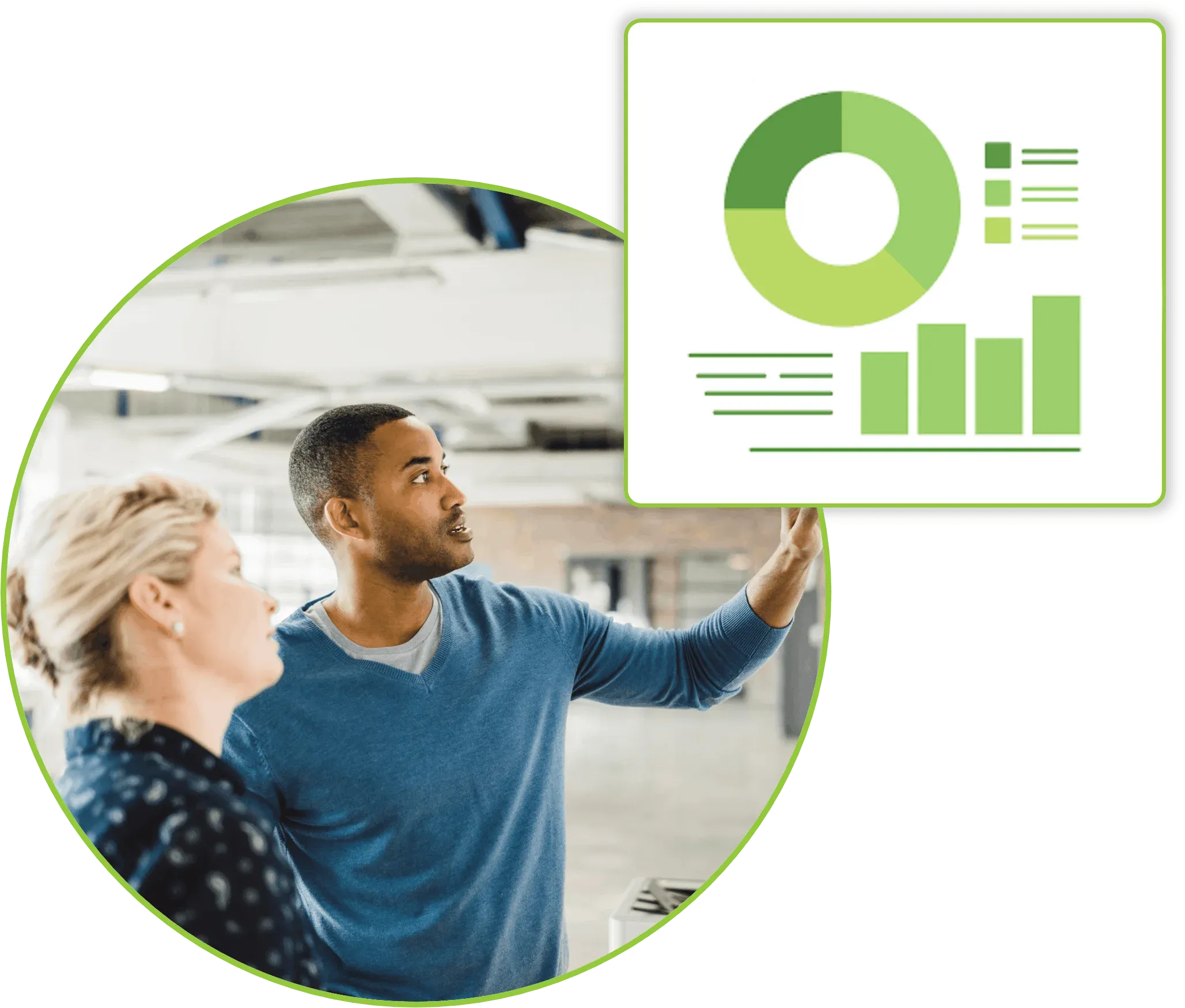 man and woman analyzing a customer experience dashboard