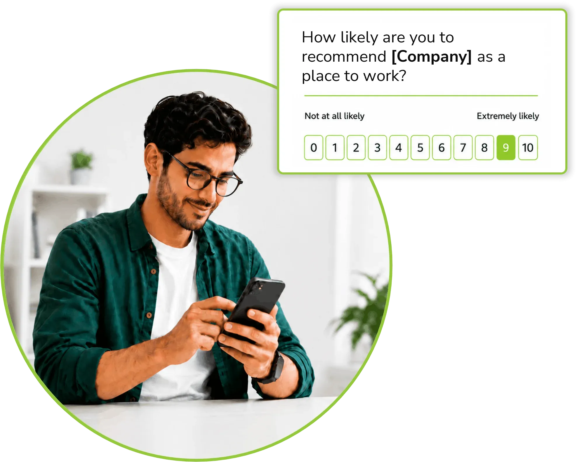 woman using a phone to take an Interaction Metrics Employee Net Promoter Survey