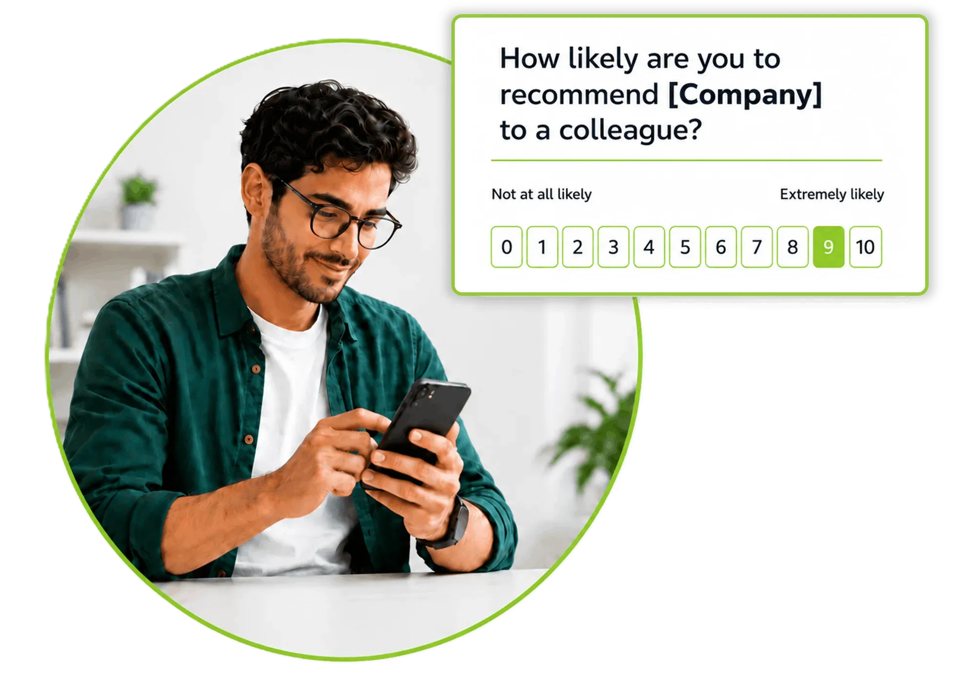 man using a phone to take an Interaction Metrics Net Promoter Survey