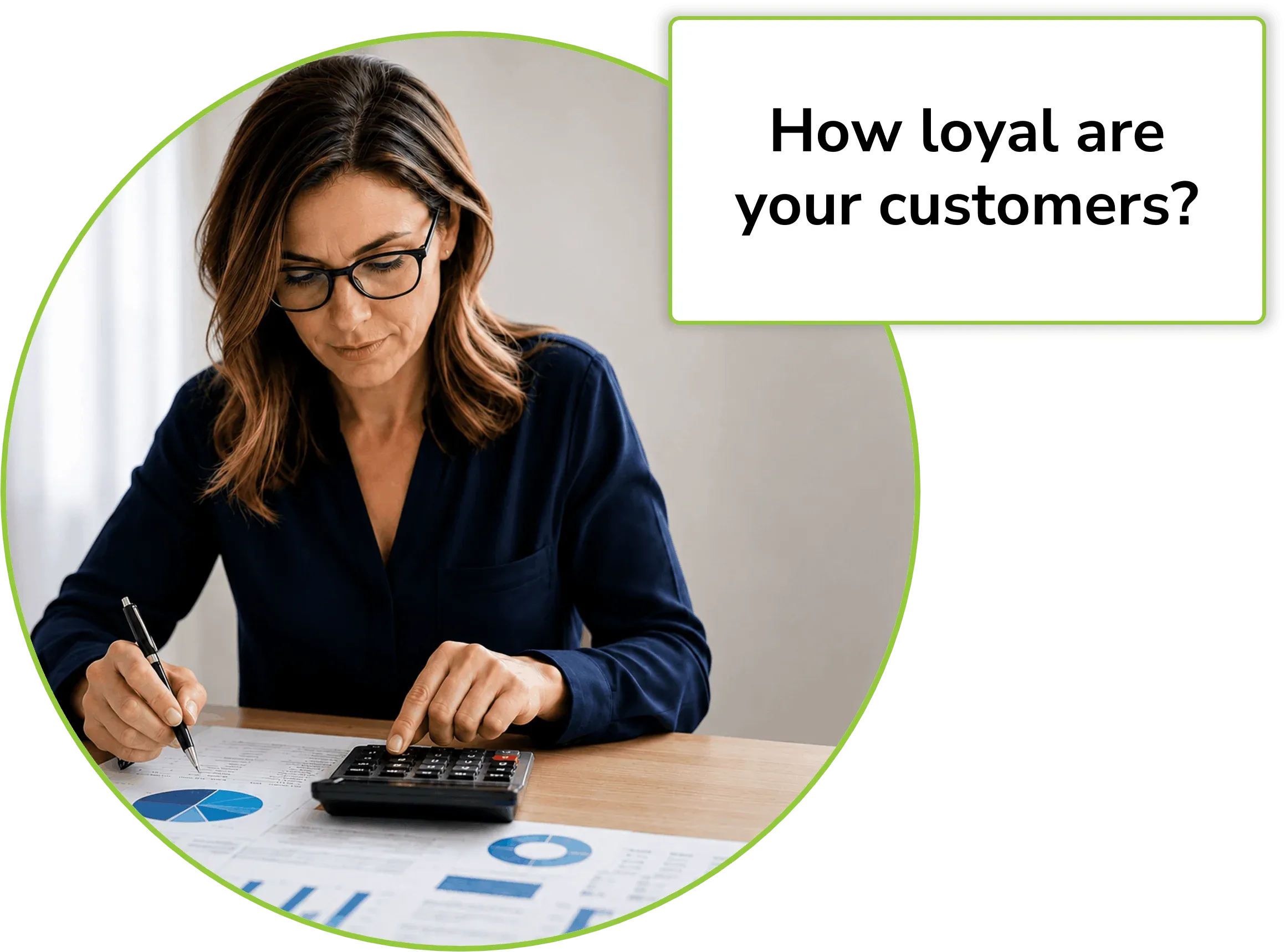 customer pointing to a smile icon and 5 star review for net promoter score calculation with a call out box asking "How Loyal Are Your Customers?"
