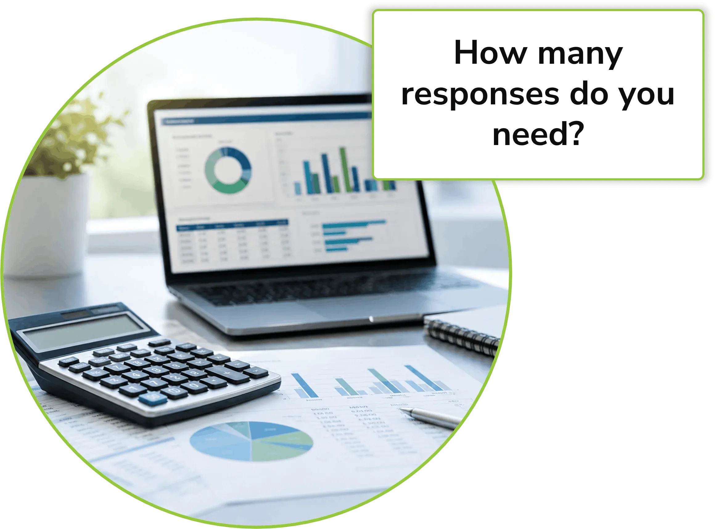 person using a calculator to calculate survey sample size with a call out box asking "How Many Responses Do You Need?"