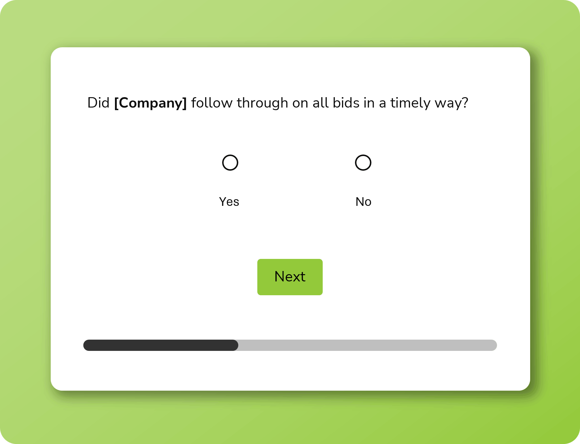 A B2B CSAT customer satisfaction survey example from Interaction Metrics that asks whether a company followed through on all bids in a timely way, with Yes and No options and a progress bar, showing an easy-to-answer customer satisfaction survey.